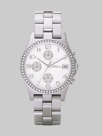 A classic chronograph dial with sleek stainless steel bracelet and crystal bezel.Quartz movement Water resistant to 3 ATM Round stainless steel case, 36.5mm (1.4) Crystal bezel Silvertone chronograph dial Arabic numeral hour markers Date display at 3 o'clock Second hand Stainless steel link bracelet, 18mm, (.7) Imported A classic chronograph dial with sleek stainless steel bracelet and crystal bezel.Quartz movement Water resistant to 3 ATM Round stainless steel case, 36.5mm (1.4) Crystal bezel Silvertone chronograph dial Arabic numeral hour markers Date display at 3 o'clock Second hand Stainless steel link bracelet, 18mm, (.7) Imported
