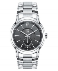 Subtle textures and contrasting brushed and polished stainless steel add understated style to this fine watch from ESQ by Movado. Silvertone stainless steel bracelet and round case. Round textured black dial with subdial, logo and stick indices. Quartz movement. Water resistant to 30 meters. Two-year limited warranty. Style #7301327 Subtle textures and contrasting brushed and polished stainless steel add understated style to this fine watch from ESQ by Movado. Silvertone stainless steel bracelet and round case. Round textured black dial with subdial, logo and stick indices. Quartz movement. Water resistant to 30 meters. Two-year limited warranty. Style #7301327