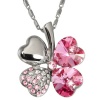 18k Gold Plated Swarovski Crystal Heart Shaped Four Leaf Clover Pendant Necklace - Pink Sapphire