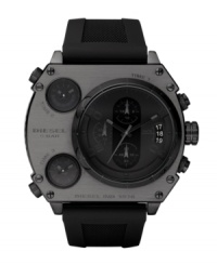 Nobody will doubt that you mean business. Watch by Diesel crafted of black silicone strap and round black ion-plated stainless steel case, 55x53mm. Largest of three black dials features date window and three chronograph subdials and two additional smaller dials feature stick indices. Quartz movement. Water resistant to 100 meters. Two-year limited warranty. Nobody will doubt that you mean business. Watch by Diesel crafted of black silicone strap and round black ion-plated stainless steel case, 55x53mm. Largest of three black dials features date window and three chronograph subdials and two additional smaller dials feature stick indices. Quartz movement. Water resistant to 100 meters. Two-year limited warranty.