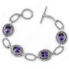 Dramatic Chic: Designer Inspired Sterling Silver Rhodium Finish Cable Design Toggle Bar Oval Link Bracelet with Purple CZ