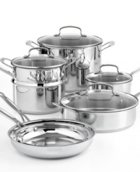 Everything you'll ever need to put together a mouth-watering gourmet meal… and more! With brilliant mirrored stainless steel exteriors, each piece is as attractive as it is practical and durable. The secret is in the base where 18/4 stainless steel and pure aluminum are encapsulated to ensure fast and even heating. Limited lifetime warranty. Everything you'll ever need to put together a mouth-watering gourmet meal… and more! With brilliant mirrored stainless steel exteriors, each piece is as attractive as it is practical and durable. The secret is in the base where 18/4 stainless steel and pure aluminum are encapsulated to ensure fast and even heating. Limited lifetime warranty.