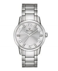 Steel and diamond accents make for an icy accessory, by Bulova. Watch features stainless steel bracelet and round case. Silvertone sunray dial with alternating Arabic numerals and hand-set diamond accents at markers, logo and silvertone hands. Quartz movement. Water resistant to 30 meters. Three-year limited warranty. Steel and diamond accents make for an icy accessory, by Bulova. Watch features stainless steel bracelet and round case. Silvertone sunray dial with alternating Arabic numerals and hand-set diamond accents at markers, logo and silvertone hands. Quartz movement. Water resistant to 30 meters. Three-year limited warranty.