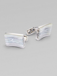 A sophisticated sartorial design in highly polished sterling silver inlaid with stripes of mother-of-pearl detail. T-backing About ½ wide Imported A sophisticated sartorial design in highly polished sterling silver inlaid with stripes of mother-of-pearl detail. T-backing About ½ wide Imported