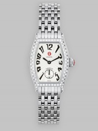 A flirty little timepiece with an interchangeable band, the Coquette has a bezel of 80 sparkling diamonds. Stainless steel case Rectangular case, 22.5mm X 33.6mm, 0.88 X 1.32 Swiss quartz movement Enamel dial Sapphire crystal Diamonds, tcw .5 Number markers Stainless steel bracelet Bracelet width, 12mm, 0.47 Imported A flirty little timepiece with an interchangeable band, the Coquette has a bezel of 80 sparkling diamonds. Stainless steel case Rectangular case, 22.5mm X 33.6mm, 0.88 X 1.32 Swiss quartz movement Enamel dial Sapphire crystal Diamonds, tcw .5 Number markers Stainless steel bracelet Bracelet width, 12mm, 0.47 Imported