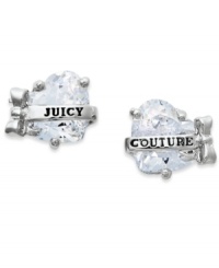 Heart-shaped elegance. Juicy Couture's sweet heart design showcases a faceted cubic zirconia (3-7/10 ct. t.w.) with a silver tone logo banner. Set in silver tone mixed metal. Approximate diameter: 3/8 inch. Heart-shaped elegance. Juicy Couture's sweet heart design showcases a faceted cubic zirconia (3-7/10 ct. t.w.) with a silver tone logo banner. Set in silver tone mixed metal. Approximate diameter: 3/8 inch.