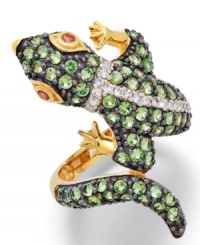 An aesthetically-pleasing amphibian. Round-cut white topaz (1/4 ct. t.w.), chrome diopside (1-7/8 ct. t.w.) and orange sapphire accents adorn this adorable lizard ring. Set in 14k gold-plated sterling silver. Size 7. An aesthetically-pleasing amphibian. Round-cut white topaz (1/4 ct. t.w.), chrome diopside (1-7/8 ct. t.w.) and orange sapphire accents adorn this adorable lizard ring. Set in 14k gold-plated sterling silver. Size 7.