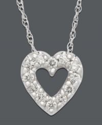 Wrap your heart in sparkling love. Open heart pendant features beautiful round-cut diamond (1/8 ct. t.w.). Necklace crafted in 14k white gold. Approximate length: 18 inches. Approximate drop: 1/4 inch. Wrap your heart in sparkling love. Open heart pendant features beautiful round-cut diamond (1/8 ct. t.w.). Necklace crafted in 14k white gold. Approximate length: 18 inches. Approximate drop: 1/4 inch.