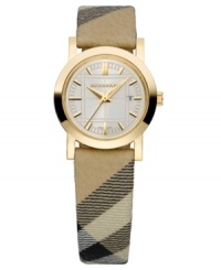 This Burberry watch features a Haymarket printed leather strap and round goldtone ion-plated stainless steel case. Etched champagne dial with goldtone stick indices, logo and date window. Swiss made. Swiss movement. Water resistant to 50 meters. Two-year limited warranty. This Burberry watch features a Haymarket printed leather strap and round goldtone ion-plated stainless steel case. Etched champagne dial with goldtone stick indices, logo and date window. Swiss made. Swiss movement. Water resistant to 50 meters. Two-year limited warranty.