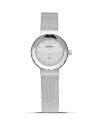 Silver mesh bracelet watch from Skagen with a round dial and crystal markers. This understated metallic timepiece boasts a slim profile and advanced Japanese quartz movement for a sleek combination of form and function.