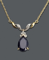 Let polished elegance unfurl at your neckline. This statement-making, Victoria Townsend necklace highlights a pear-cut sapphire (6-1/2 ct. t.w.) and 18k gold over sterling silver swirls dusted with diamond accents. Approximate length: 16 inches. Let polished elegance unfurl at your neckline. This statement-making, Victoria Townsend necklace highlights a pear-cut sapphire (6-1/2 ct. t.w.) and 18k gold over sterling silver swirls dusted with diamond accents. Approximate length: 16 inches.