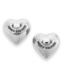 Blow a kiss with these lovely puffed up stud earrings from Juicy Couture. In a heart design with black logo detail. Crafted in silver tone mixed metal. Approximate diameter: 1/4 inch. Blow a kiss with these lovely puffed up stud earrings from Juicy Couture. In a heart design with black logo detail. Crafted in silver tone mixed metal. Approximate diameter: 1/4 inch.