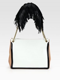 Dramatic fringe detailing adds luxe style to this tailored carryall, crafted from smooth leather in contrasting tones. Chain shoulder straps, 10¾ dropMagnetic snap closureTwo inside compartmentsOne inside zip pocketOne inside open pocketFully lined11W X 9¾H X 4¾DMade in Italy Dramatic fringe detailing adds luxe style to this tailored carryall, crafted from smooth leather in contrasting tones. Chain shoulder straps, 10¾ dropMagnetic snap closureTwo inside compartmentsOne inside zip pocketOne inside open pocketFully lined11W X 9¾H X 4¾DMade in Italy