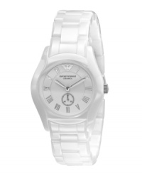Icy shine perfect for any season, warm or cold. Watch by Emporio Armani crafted from white ceramic bracelet and round case. White dial features silvertone Roman numerals, second subdial at six o'clock, luminous hands and logo at twelve o'clock. Quartz movement. Water resistant to 30 meters. Two-year limited warranty. Icy shine perfect for any season, warm or cold. Watch by Emporio Armani crafted from white ceramic bracelet and round case. White dial features silvertone Roman numerals, second subdial at six o'clock, luminous hands and logo at twelve o'clock. Quartz movement. Water resistant to 30 meters. Two-year limited warranty.