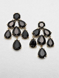 A polished style in 12k goldplating that will dress up any look. Plastic stones12k goldplated brassLength, about 2Post backImported A polished style in 12k goldplating that will dress up any look. Plastic stones12k goldplated brassLength, about 2Post backImported