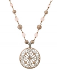 Pretty in pink. A radiant rose quartz pendant adorns this fanciful filigree necklace from 2028. With a vintage-inspired aesthetic, it's crafted in pewter tone mixed metal. Approximate length: 16 inches + 3-inch extender. Approximate drop: 1-3/4 inches. Pretty in pink. A radiant rose quartz pendant adorns this fanciful filigree necklace from 2028. With a vintage-inspired aesthetic, it's crafted in pewter tone mixed metal. Approximate length: 16 inches + 3-inch extender. Approximate drop: 1-3/4 inches.
