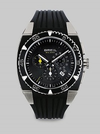 A sport-inspired chronograph design crafted with steel lugs and renowned Swiss precision on an easy rubber strap. Quartz movement Three-eye chronograph functionality Water resistant to 10 ATM Date function at 4 o'clock Second hand Black IP case: 44mm Polyurethane strap Made in Switzerland A sport-inspired chronograph design crafted with steel lugs and renowned Swiss precision on an easy rubber strap. Quartz movement Three-eye chronograph functionality Water resistant to 10 ATM Date function at 4 o'clock Second hand Black IP case: 44mm Polyurethane strap Made in Switzerland