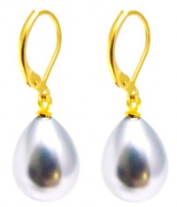 16MM Iridescent Peacock Grey Mother of Pearl Dangle Drop Earrings, Yellow Gold Plated Sterling Silver Hinge Clasps