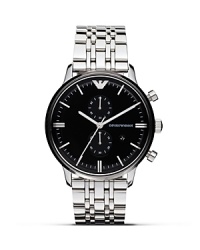 Strike a classic chord with this stainless steel piece from Emporio Armani. It's chronograph movement and bold dial elevate this watch above the everyday. Strike a classic chord with this stainless steel piece from Emporio Armani. It's chronograph movement and bold dial elevate this watch above the everyday.