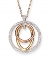 Elegant and eye-catching, this unique pendant presents an on-trend mixture of metallics. The trinity of circles in silver, rose gold and gold tone mixed metal creates a classic and refined look that combines well with any outfit. Approximate length: 15 inches. Approximate drop: 3/4 inch.