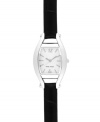 Go back to basics with this classic design, by Nine West. Crafted of textured black leather strap and cushion-shaped silver tone mixed metal case. Silver tone dial with swirling design features silver tone applied stick indices, numerals at twelve and six o'clock, silver tone hour and minute hands, sweeping second hand and logo at six o'clock. Quartz movement. Limited lifetime warranty.