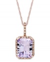 Richly colored with faceted details, this fun pendant showcases an emerald-cut pink amethyst (2-1/2 ct. t.w.) edged by sparkling diamonds (1/10 ct. t.w.). Set in 10k rose gold. Approximate length: 18 inches. Approximate drop: 3/4 inch.