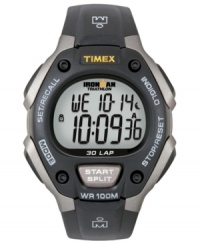 From training to timekeeping, this Timex watch covers all the bases. Black and gray resin strap and round case. Digital display dial with INDIGLO and stopwatch. Quartz movement. Water resistant to 100 meters. One-year limited warranty. From training to timekeeping, this Timex watch covers all the bases. Black and gray resin strap and round case. Digital display dial with INDIGLO and stopwatch. Quartz movement. Water resistant to 100 meters. One-year limited warranty.