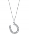Giddy up and lots of luck! A horseshoe-shaped pendant makes the perfect good luck charm, especially when it's decorated with round-cut diamonds (1/10 ct. t.w.). Set in sterling silver with a rhodium-plated chain.  Approximate length: 18 inches. Approximate drop length: 9/10. Approximate drop width: 1/2 inch.