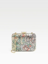 Sparkling crystals compose a pattern of pretty florals on this structured metal minaudiere.Removable chain strap, 9 dropPush-lock closureNappa leather lining6¾W X 5¼H X 2DMade in Italy Sparkling crystals compose a pattern of pretty florals on this structured metal minaudiere.Removable chain strap, 9 dropPush-lock closureNappa leather lining6¾W X 5¼H X 2DMade in Italy