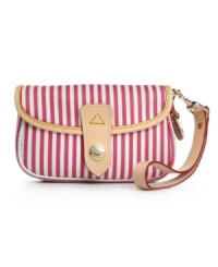 Sweet stripes decorate this charming wristlet for a nautical feel, just in time for warm weather. This iconic Dooney & Bourke bag is finished with goldtone hardware and an easy flap closure. Sweet stripes decorate this charming wristlet for a nautical feel, just in time for warm weather. This iconic Dooney & Bourke bag is finished with goldtone hardware and an easy flap closure.