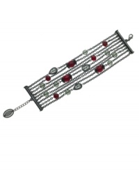 Understated and unique. Subtly adorned with black and faceted red crystals, T Tahari's Crystal Elegance Collection nine-row bracelet is crafted in hematite tone mixed metal. Nickel free for sensitive skin. Approximate length: 7-1/4 inches + 1-inch extender. Understated and unique. Subtly adorned with black and faceted red crystals, T Tahari's Crystal Elegance Collection nine-row bracelet is crafted in hematite tone mixed metal. Nickel free for sensitive skin. Approximate length: 7-1/4 inches + 1-inch extender.