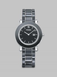 From the Fendi Ceramic Collection. A sleek ceramic design accented with a dazzling diamond dial and a useful date-function. Swiss quartz movementWater resistant to 5 ATMRound ceramic and stainless steel case, 38mm (1.5) Smooth black ceramic bezelDiamond accented black dial, .25 tcwBar hour markersDate display at 3 o'clockBlack ceramic and stainless steel link bracelet, 18mm wide (0.7)Made in Switzerland From the Fendi Ceramic Collection. A sleek ceramic design accented with a dazzling diamond dial and a useful date-function. Swiss quartz movementWater resistant to 5 ATMRound ceramic and stainless steel case, 38mm (1.5) Smooth black ceramic bezelDiamond accented black dial, .25 tcwBar hour markersDate display at 3 o'clockBlack ceramic and stainless steel link bracelet, 18mm wide (0.7)Made in Switzerland
