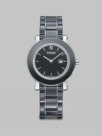 From the Fendi Ceramic Collection. A sleek ceramic design accented with a dazzling diamond dial and a useful date-function. Swiss quartz movementWater resistant to 5 ATMRound ceramic and stainless steel case, 38mm (1.5) Smooth black ceramic bezelDiamond accented black dial, .25 tcwBar hour markersDate display at 3 o'clockBlack ceramic and stainless steel link bracelet, 18mm wide (0.7)Made in Switzerland 