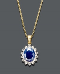 Style that's fit for a queen. This royalty-inspired pendant by Victoria Townsend features an oval-cut sapphire (1/3 ct. t.w.) surrounded by a halo of sparkling white topaz (5/8 ct. t.w.). Setting and chain crafted in 18k gold over sterling silver. Approximate length: 18 inches. Approximate drop: 1 inch. Style that's fit for a queen. This royalty-inspired pendant by Victoria Townsend features an oval-cut sapphire (1/3 ct. t.w.) surrounded by a halo of sparkling white topaz (5/8 ct. t.w.). Setting and chain crafted in 18k gold over sterling silver. Approximate length: 18 inches. Approximate drop: 1 inch.