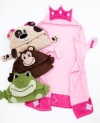 Warm and cozy. Wrap your kids in these fun and bright Berkshire Cuddly Creatures throws, featuring hoods and mittens so they can actually be worn. Kids can choose from four cuddly creatures: frog, dog, princess or chimp! (Clearance)