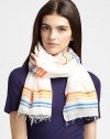 An allover, narrow, stripe design in a gauzy cotton blend. 85% cotton/15% acrylicAbout 28 X 80Dry cleanImported 