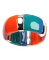 This bold bracelet style will make your look pop! Nine West's chic colorblock bangle features bright red, orange, blue and teal plastic pieces. Set in silver tone mixed metal. Bracelet stretches to fit wrist. Approximate diameter: 2-1/2 inches.