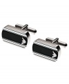 Tie everything together with this dapper logo-embossed cuff links by Emporio Armani crafted in stainless steel and black enamel.