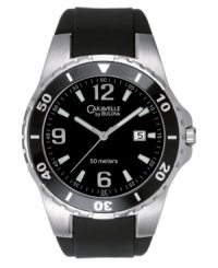 A comfortable, sports watch feel with refined style, from Caravelle by Bulova. Black rubber strap. Silvertone mixed metal round case and round black dial with date window, logo and numeral indices. Quartz movement. Water resistant to 50 meters. Two-year limited warranty. A comfortable, sports watch feel with refined style, from Caravelle by Bulova. Black rubber strap. Silvertone mixed metal round case and round black dial with date window, logo and numeral indices. Quartz movement. Water resistant to 50 meters. Two-year limited warranty.