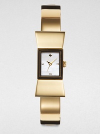 A sweet design with a goldtone case and bangle. Quartz movementWater resistant to 3 ATMBow-shaped goldtone case, 15mm (0.6)Smooth bezelMother-of-pearl dialThree crystal hour markersSecond hand Goldtone bangleImported A sweet design with a goldtone case and bangle. Quartz movementWater resistant to 3 ATMBow-shaped goldtone case, 15mm (0.6)Smooth bezelMother-of-pearl dialThree crystal hour markersSecond hand Goldtone bangleImported