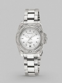 This sturdy yet feminine timepiece features a bezel of sparkling Swarovski crystals.Swiss quartz movement Water resistant to 10 ATM Swarovski crystal bezel Round stainless steel case, 34mm, (1.33) Date display at 6 o'clock Second hand Stainless steel link bracelet Safety lock closure Imported This sturdy yet feminine timepiece features a bezel of sparkling Swarovski crystals.Swiss quartz movement Water resistant to 10 ATM Swarovski crystal bezel Round stainless steel case, 34mm, (1.33) Date display at 6 o'clock Second hand Stainless steel link bracelet Safety lock closure Imported