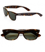 Funky two-tone frames update this modern wayfarer style. Available in black with green lens or havana with brown lens. Plastic Made in Italy 