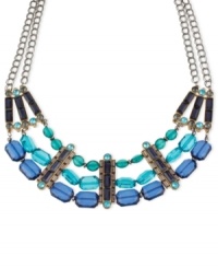 Make a colorful statement with this frontal necklace from Haskell. Crafted from gold-tone and hematite-tone mixed metal, the chains are accented with beads in black and shades of blue. Approximate length: 17 inches + 3-inch extender. Approximate drop: 1-3/4 inches. Make a colorful statement with this frontal necklace from Haskell. Crafted from gold-tone and hematite-tone mixed metal, the chains are accented with beads in black and shades of blue. Approximate length: 17 inches + 3-inch extender. Approximate drop: 1-3/4 inches.