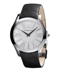 A perfect fit for polished everyday style, Emporio Armani styled this handsome watch with you in mind. Black leather strap and round stainless steel case. White dial features silvertone Roman numerals, black hands and logo. Quartz movement. Water resistant to 30 meters. Two-year limited warranty.