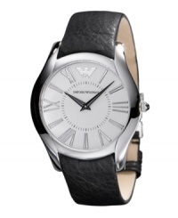 A perfect fit for polished everyday style, Emporio Armani styled this handsome watch with you in mind. Black leather strap and round stainless steel case. White dial features silvertone Roman numerals, black hands and logo. Quartz movement. Water resistant to 30 meters. Two-year limited warranty. A perfect fit for polished everyday style, Emporio Armani styled this handsome watch with you in mind. Black leather strap and round stainless steel case. White dial features silvertone Roman numerals, black hands and logo. Quartz movement. Water resistant to 30 meters. Two-year limited warranty.