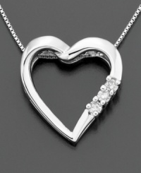 Three round-cut diamonds (1/10 ct. t.w.) add sparkle to this diamond necklace with a modern heart shape. Set in 14k white gold. Chain measures 16 inches; pendant measures 3/4 inches. Three round-cut diamonds (1/10 ct. t.w.) add sparkle to this diamond necklace with a modern heart shape. Set in 14k white gold. Chain measures 16 inches; pendant measures 3/4 inches.