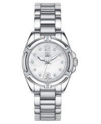 Diamond accents and mother-of-pearl elevate this fine watch by ESQ by Movado from everyday to formal with seamless ease. Stainless steel bracelet and round case. Mother-of-pearl dial features diamond accent markers, numeral at twelve o'clock, date window at six o'clock, luminous hands and logo. Quartz movement. Water resistant to 100 meters. Two-year limited warranty. Diamond accents and mother-of-pearl elevate this fine watch by ESQ by Movado from everyday to formal with seamless ease. Stainless steel bracelet and round case. Mother-of-pearl dial features diamond accent markers, numeral at twelve o'clock, date window at six o'clock, luminous hands and logo. Quartz movement. Water resistant to 100 meters. Two-year limited warranty.