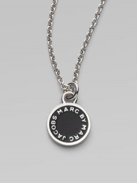 A delicate enamel disc pendant with signature logo.Enamel Palladium and real rhodium plated or 10K goldplated brass Length, about 16 Pendant diameter, about ½ Imported A delicate enamel disc pendant with signature logo.Enamel Palladium and real rhodium plated or 10K goldplated brass Length, about 16 Pendant diameter, about ½ Imported