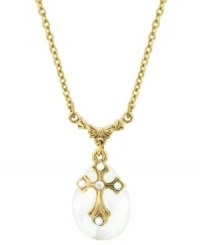 Perfect purity. A beautiful white crystal briolette bead showcases a cross on this drop necklace from Vatican. Crafted in gold tone mixed metal. Approximate length: 16 inches + 3-inch extender. Approximate drop: 3/4 inches. Perfect purity. A beautiful white crystal briolette bead showcases a cross on this drop necklace from Vatican. Crafted in gold tone mixed metal. Approximate length: 16 inches + 3-inch extender. Approximate drop: 3/4 inches.