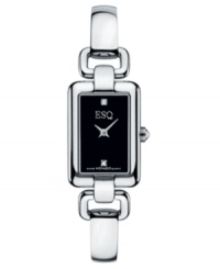 Utterly beautiful design by ESQ by Movado. Stainless steel bracelet and rectangular case. Black dial with silvertone logo at diamond accents at six o'clock and twelve o'clock. Quartz movement. Water resistant to 30 meters. Two-year limited warranty. Utterly beautiful design by ESQ by Movado. Stainless steel bracelet and rectangular case. Black dial with silvertone logo at diamond accents at six o'clock and twelve o'clock. Quartz movement. Water resistant to 30 meters. Two-year limited warranty.